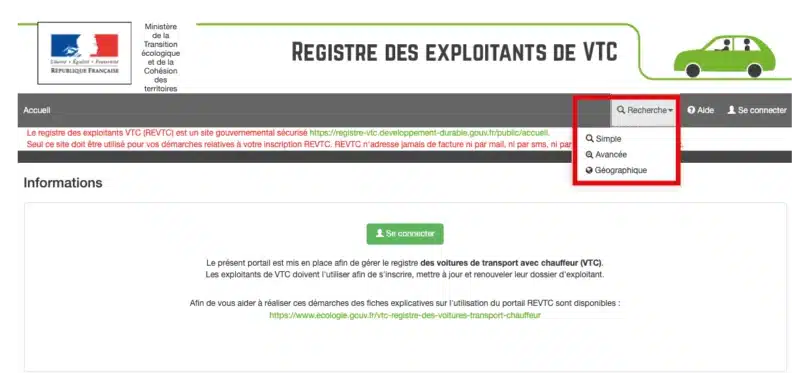 Regsitre des exploitants de VTC